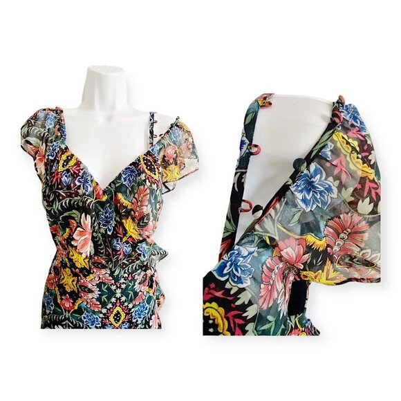 Rebecca Minkoff Jessica Ruffle Floral Midi Wrap Dress S Black Multicolor NWT - Picture 13 of 16
